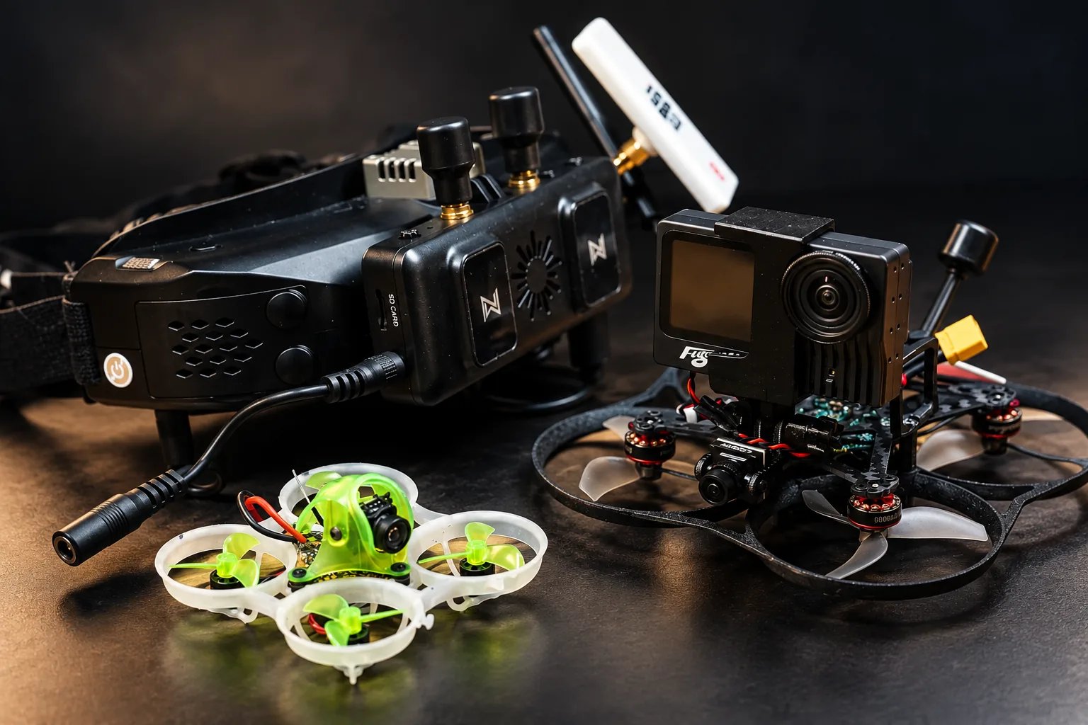ojo projectで使用するFPVゴーグルと、プロペラガードを備えた小型FPVドローンの機材写真